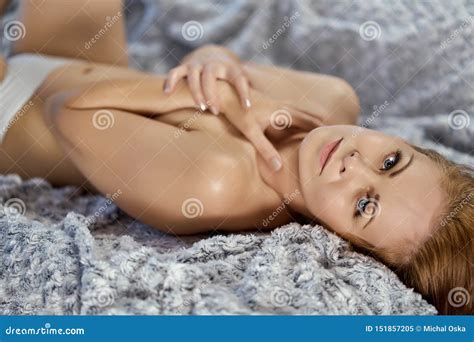 Attractive Beautiful Half Naked Woman Posing On The Sofa Stock Image Image Of Kindled Beauty