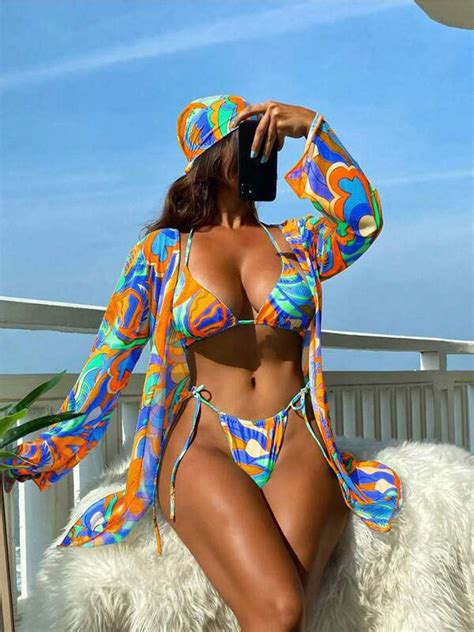 HHH New Printed Shawl Halter Swimsuit Three Piece Set Mesh Sunscreen Beach Hot Spring