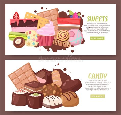 Candy Shop Banner Vector Illustration Bakery And Sweets With Pieces Of