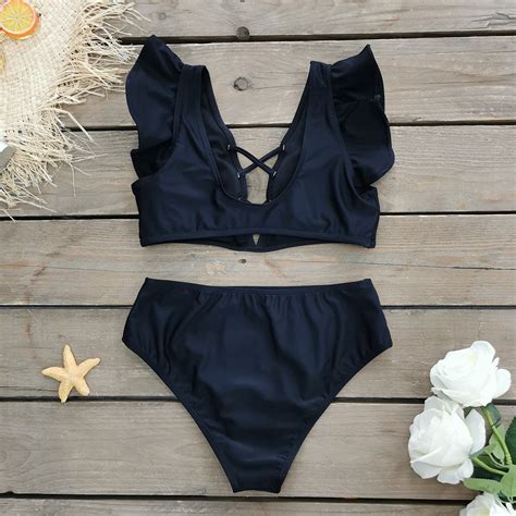 Oem Girl Bikini Swimwear Ruffle Bikini Set Ribbed Cutout Swimsuit Red Bikini Push Up Tie Back