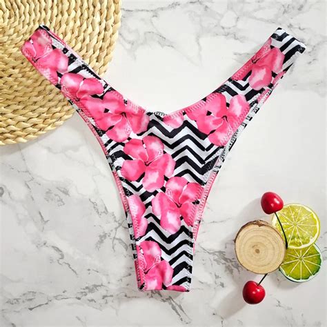 Sexy Flower Print Swimwear Women Briefs V Shape Bikini Bottom Brazilian Thong Swimsuit Classic