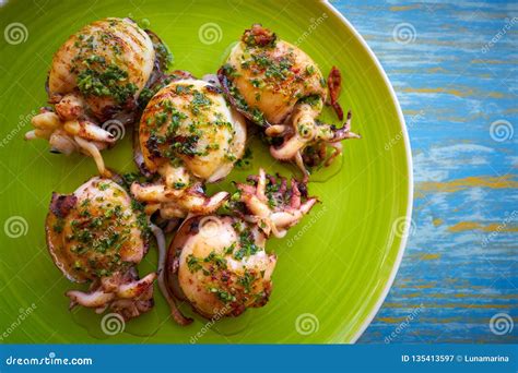 Grilled Cuttlefish Squid With Parsley Sauce Stock Image Image Of