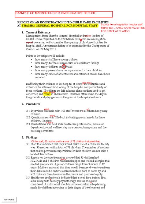 Example of marked investigative report - REPORT ON AN INVESTIGATION