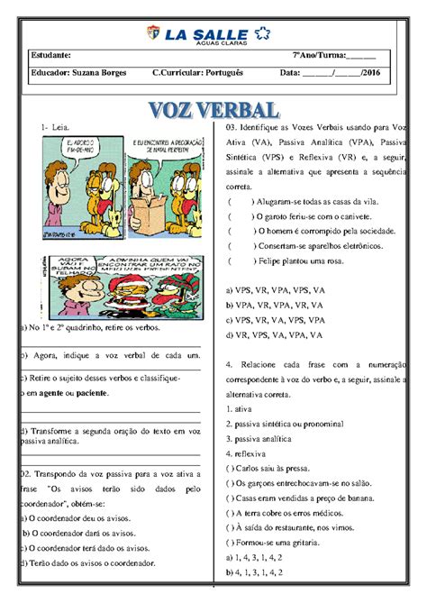 Voz Do Verbo Exercicios - Atividade de Voz Verbal - 7º Ano - Português - Studocu