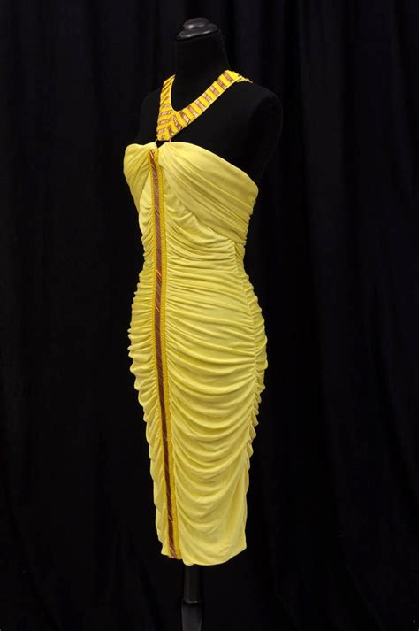 Versace embellished yellow ruched dress For Sale at 1stdibs