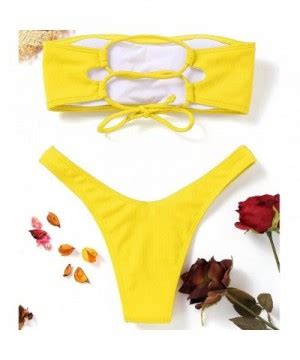 Women S Strapless Ribbed Lace Up High Cut Two Piece Bandeau Bikini Set Yellow Co Xu Ug