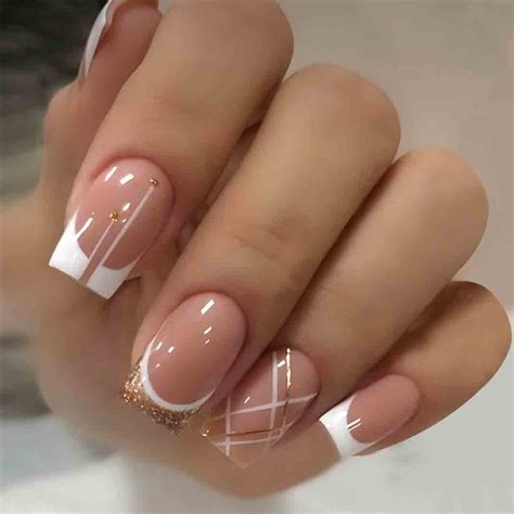 Amazon Foccna French Tip Press On Nails Medium Nude Fake Nails Square Bling Glossy White