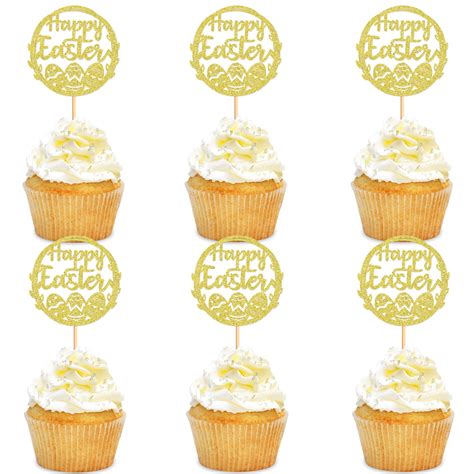 Blumomon 24Pcs Easter Eggs Cupcakes Gold Glitter Happy Easter Cupcake