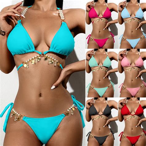 Fashion Pearl Chain Bikini Women Lace Up Halter Sexy Swimsuit Sexy Bikini Set Swimsuit Thong