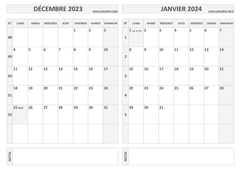 Calendrier décembre 2023 et janvier 2024 à imprimer Calendrier best