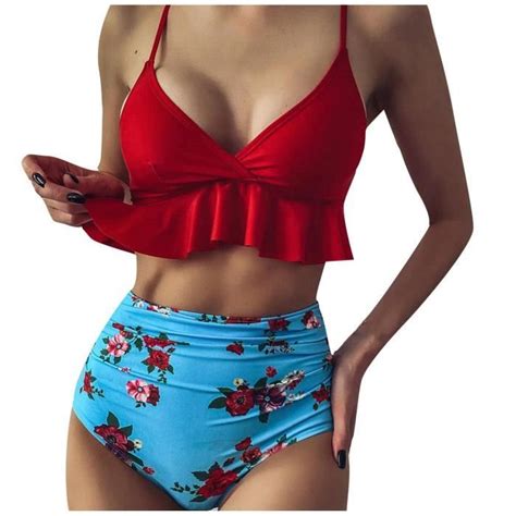 Bikini Maillot de bain taille haute sexy à volants pour femme Maillot de bain séparé Tankini