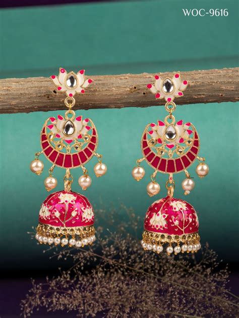 Alloy Golden And Pink Meenakari Lotus Kundan Jhumka At Rs 170 Pair In