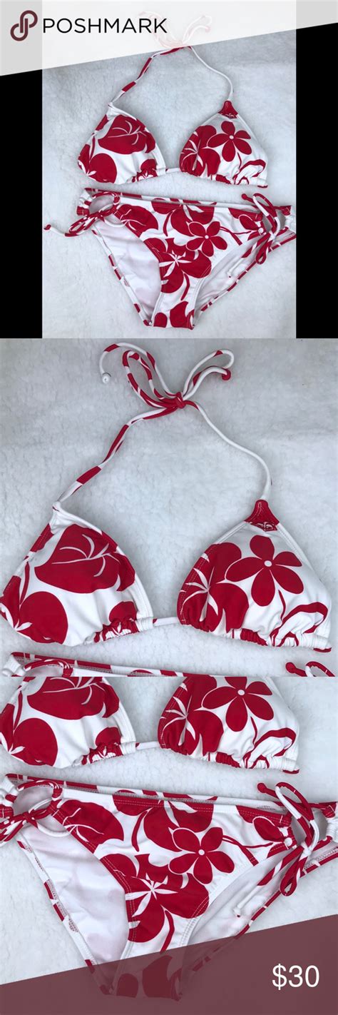 ROXY Red And White Flower Bikini Sz L Flower Bikini Bikinis Red And