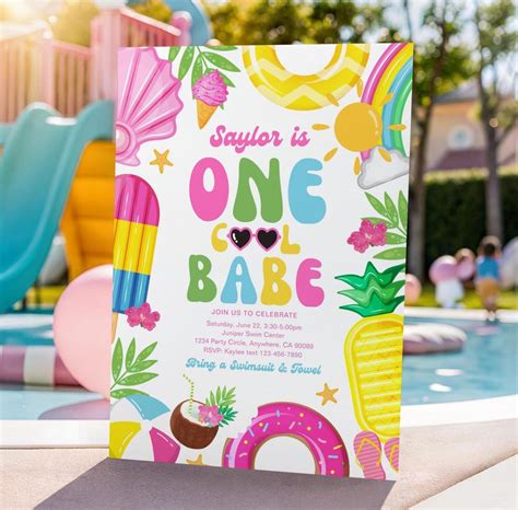 One Cool Babe Pool Party Invitation Summer First Birthday Party Invite Pool Party Invitation