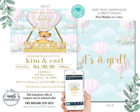EDITABLE Pink Hot Air Balloon Invite Invitation Up Up And Away