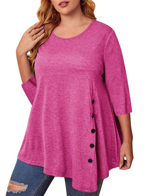 Chama Womens Plus Size 34 Sleeve Tunic Tops With Flowy Irregular Hem Button Loose Blouse T