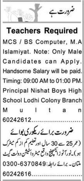 Need Staff At Private Group Multan Job Advertisement Pakistan