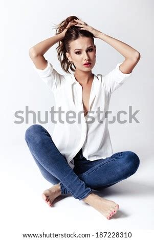 Sexy Naked Girl Posing Jeans Stock Photo Shutterstock