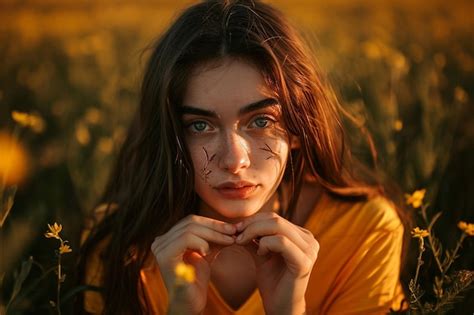 Premium Photo Tender Beautiful Brunette Girl Showing Heart Gesture