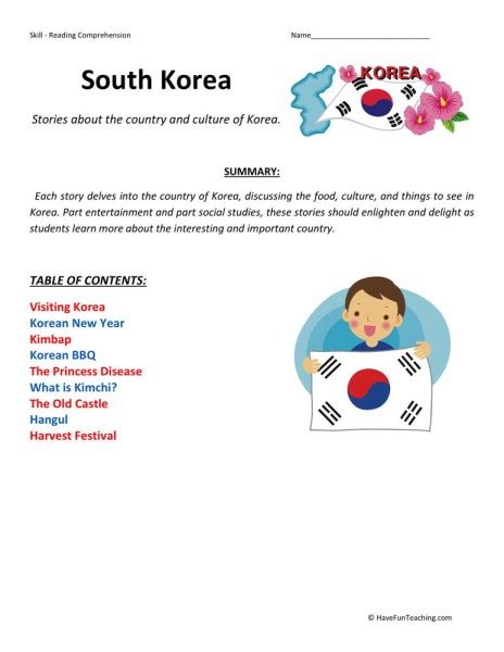 Reading Comprehension Worksheet Korea Collection