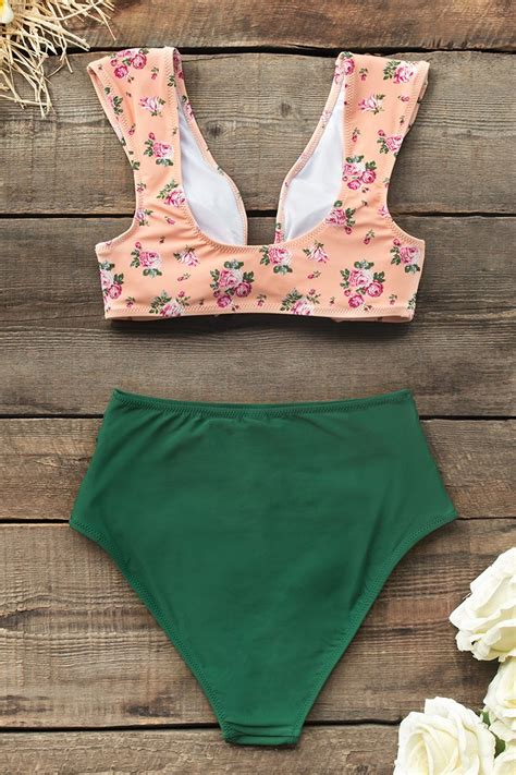 Front Knot Pink And Green High Waisted Bikini Cupshe AU