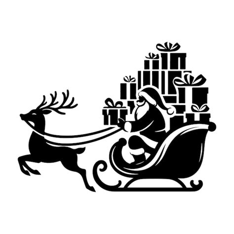 A Black And White Drawing Silhouette Of A Reindeer Sleigh With A Santa