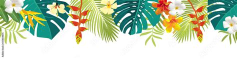 Tropical leaves and flowers border. Summer floral decoration ...