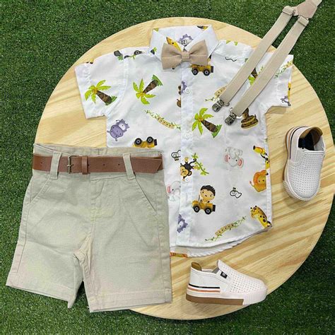 Bermuda Nude Camisa Safari Branca E Kit Gravata E Suspens Rio Infantil