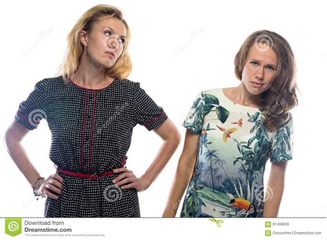 Blonde Schauende Schuld Eine Andere Stockbild Bild Von Leute Widerspruch