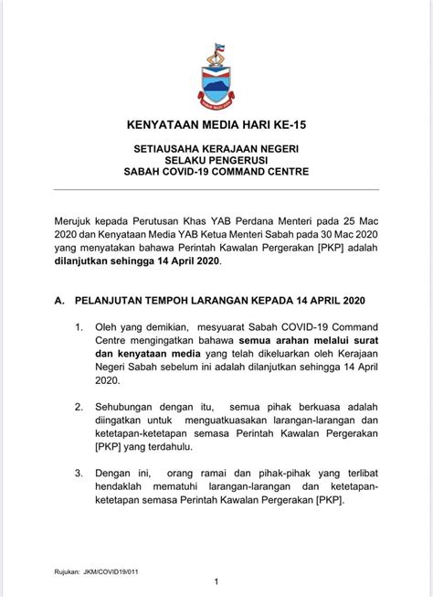 Surat Kepada Ketua Menteri Sabah Januari Kenyataan Media Yab