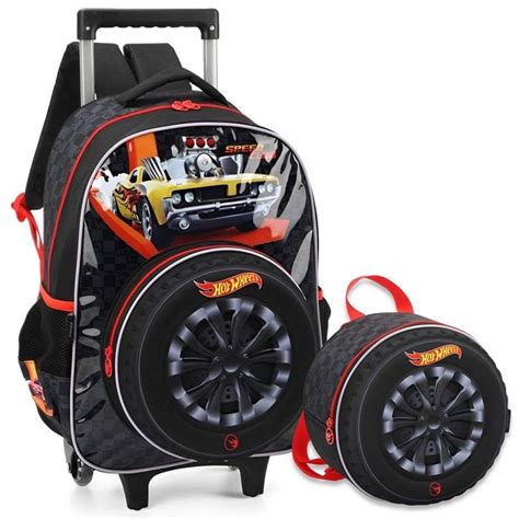 Kit Mochila De Rodinhas Lancheira Térmica Escolar Hot Wheels Preto