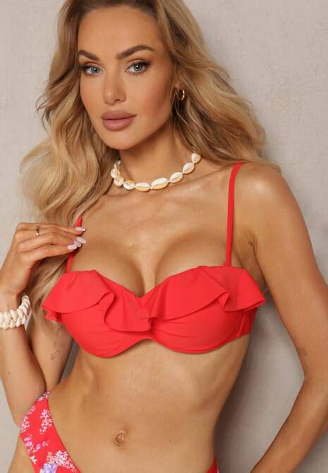 Czerwone Bikini Z Falbankami Biustonosz Z Usztywnieniem Na Regulowanych Rami Czkach I Majtki