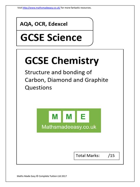 Gcse Chemistry Aqa Ocr Edexcel Structure And Bonding Of Carbon Diamond And Graphite Questions Pdf