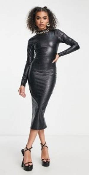 Naked Wardrobe Moc Croc Square Long Sleeve Midi Bodycon Dress In Black