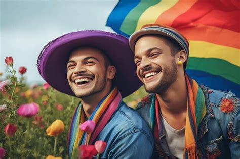 Premium Ai Image A Beautiful Happy Gay Couple With Rainbow Colors In A Flower Field Lgbtq