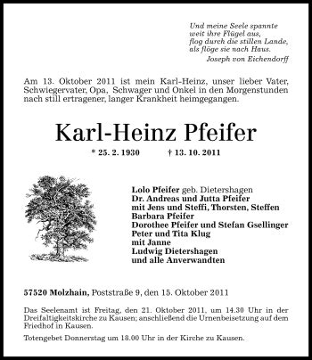 Traueranzeigen Von Karl Heinz Pfeifer Rz Trauer De