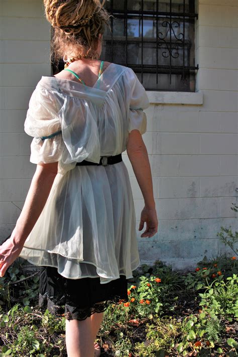 S Vintage Sheer Blue Nightgown Gotham Lingerie Babydoll Nighty Sheer Mesh Lace Trim Puff