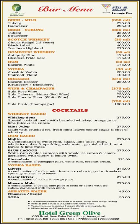 Menu At Hotel Green Olive Aurangabad Central Bus Stand Rd