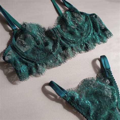 Green Lingerie Set Lace Lingerie Set Emerald Elegant Lingerie Set Luxury Lingerie Handmade