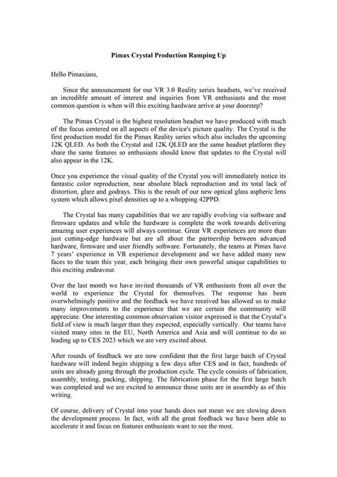 Pimax Crystal Production Ramping Up : r/Pimax