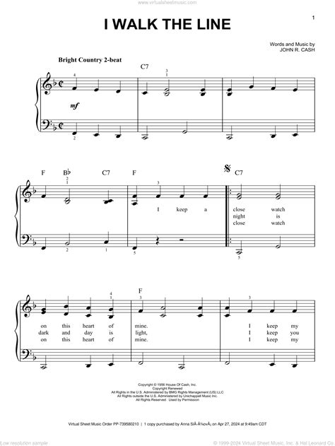 Cash I Walk The Line Sheet Music Easy For Piano Solo PDF