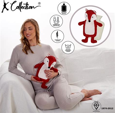 K Collection Fox Design D Novelty Hot Water Bottle Removable Plush Cover Natural Rubber