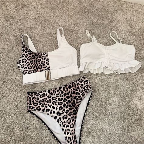 SHEIN Swim Leopard And White Bikini Set With Additional Bikini Top
