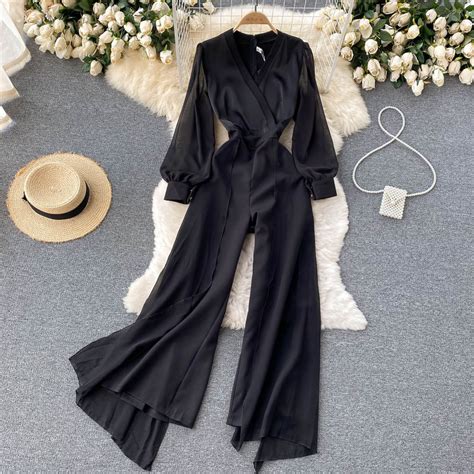 Black V Neck Mesh Patchwork Jumpsuit Irococo