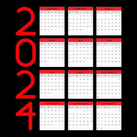 Calendário De 2024 Em Preto E Vermelho Vetor Premium