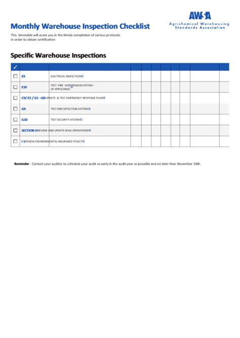 Monthly Warehouse Inspection Checklist Template Printable Pdf Download