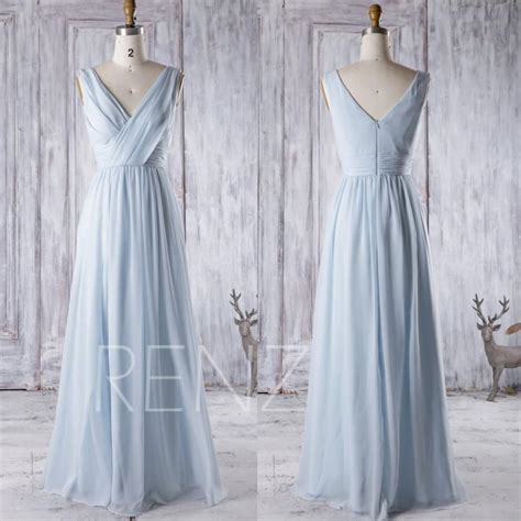 2016 Light Blue Chiffon Bridesmaid Dress V Neck Wedding Dress Long