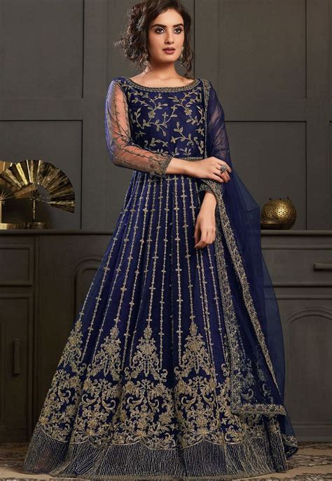 Navy Blue Net Embroidered Long Anarkali Suit Anarkali Gown