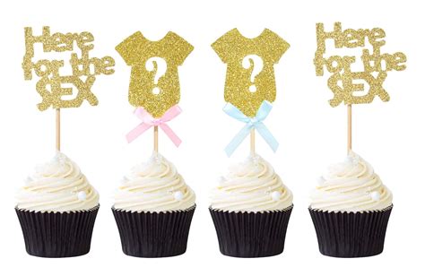 Amazon Pcs Mixed Gender Reveal Cupcake Toppers Gold Glitter Here For The Sex Cupcake