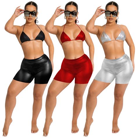 PU Bikini Bra Shorts Suit